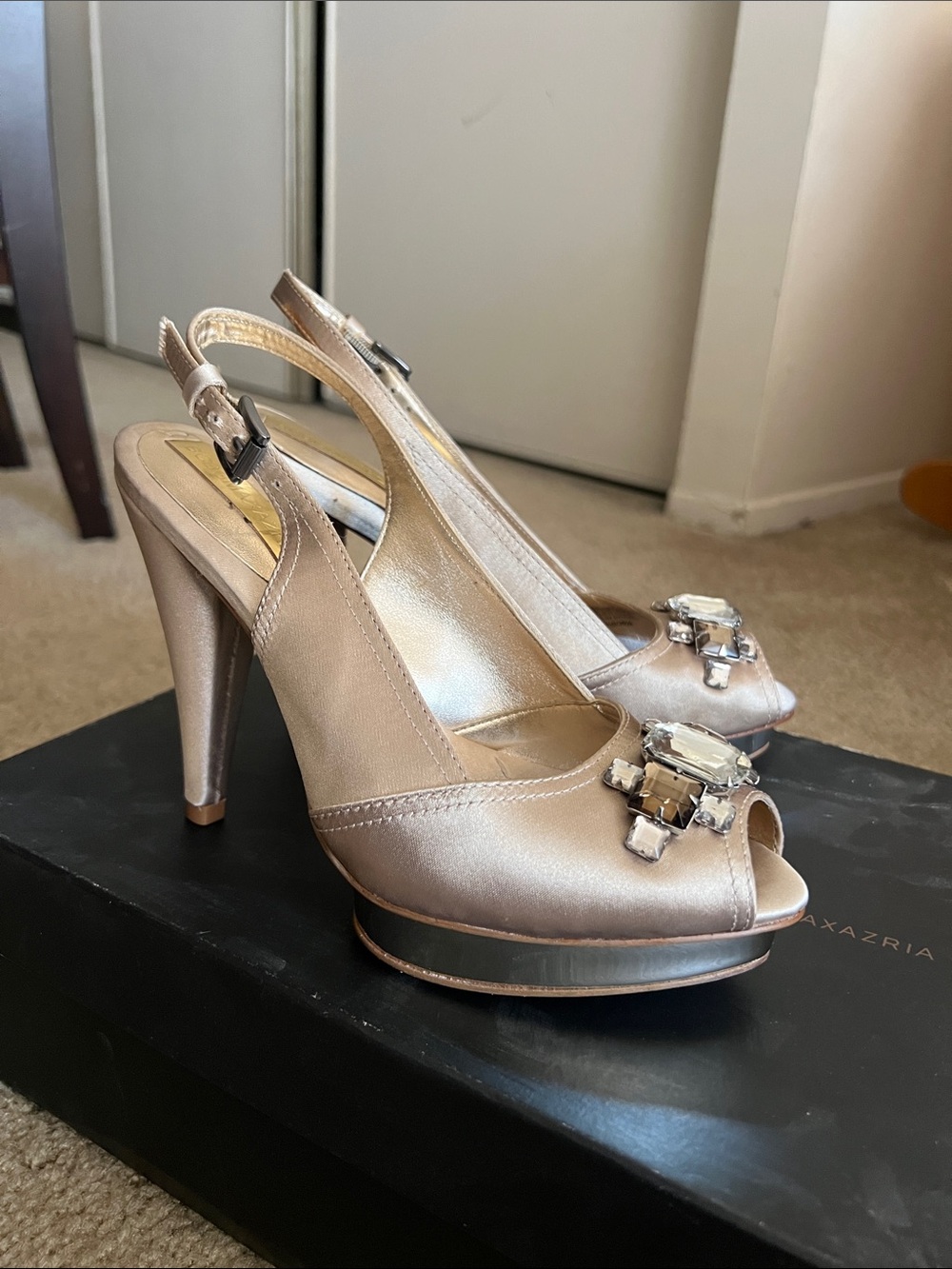 BCBGMaxAzria Champagne Satin Peep-Toe Slingback Heels with Jewel Accent
